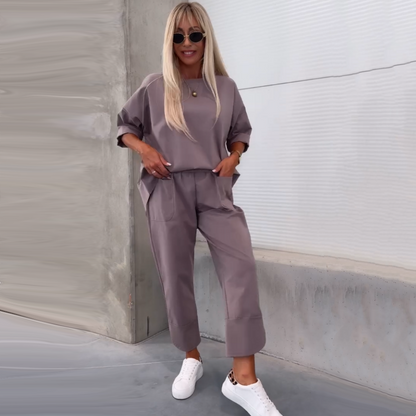 💖LAST DAY SALE 50% OFF💖Women’s Casual Solid Short-Sleeve Tops ＆ Pants Two-Piece Set