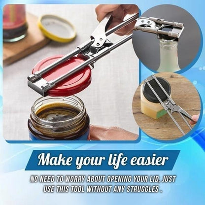⏳Time-Limited Special⏰Adjustable Stainless Steel Jar & Bottle Opener – toothed grip, anti-slip lock, fits lids up to 10cm. Less effort, easier opening! 🛡️💪