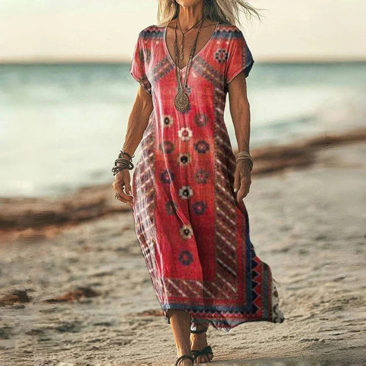 🌸2025 New Fashion🌸Women's Printed V-Neck Short-Sleeve Long Dress