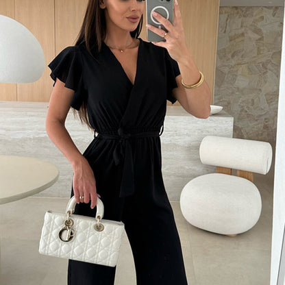 🔥50% OFF🔥Women's Fashion Solid Color V-Neck Ruffle Sleeve Wide-Leg Jumpsuit