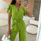 🔥50% OFF🔥Women's Fashion Solid Color V-Neck Ruffle Sleeve Wide-Leg Jumpsuit