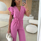 🔥50% OFF🔥Women's Fashion Solid Color V-Neck Ruffle Sleeve Wide-Leg Jumpsuit