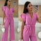 🔥50% OFF🔥Women's Fashion Solid Color V-Neck Ruffle Sleeve Wide-Leg Jumpsuit