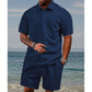 Men's two-piece set with diamond pattern: short-sleeved shirt with collar & shorts with drawstrin