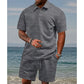 Men's two-piece set with diamond pattern: short-sleeved shirt with collar & shorts with drawstrin