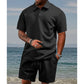 Men's two-piece set with diamond pattern: short-sleeved shirt with collar & shorts with drawstrin