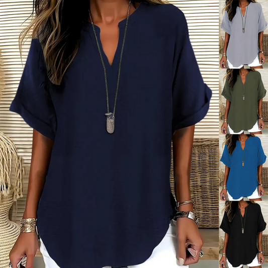 ⏳Time-Limited Special⏰Fashion Loose Short Sleeve Top – Notched V-Neck, Asymmetrical Hem & Lightweight Fabric (5 Colors, S–2XL) 👕🌸