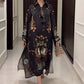 Women’s Printed V-Neck Loose Long-Sleeve Maxi Dress
