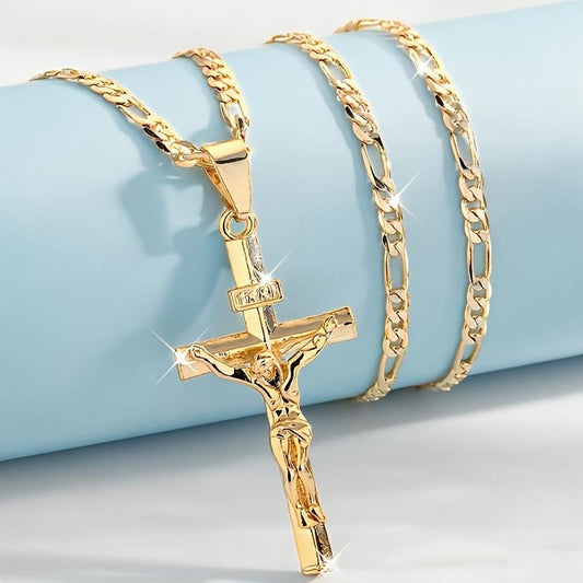 ⏳Time-Limited Special⏰Gold Crucifix Necklace – Detailed INRI Motif, Adjustable Figaro Chain & Hypoallergenic Finish 💛