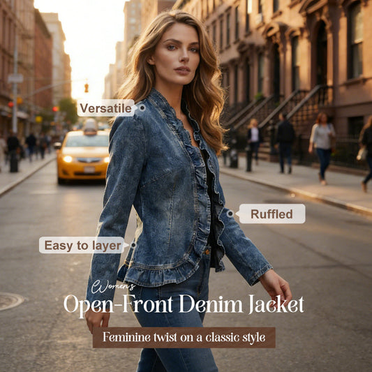 ⏳Time-Limited Special⏰Women's Ruffle Trim Open-Front Denim Jacket – Lightweight, feminine & versatile – chic for any outfit 👗