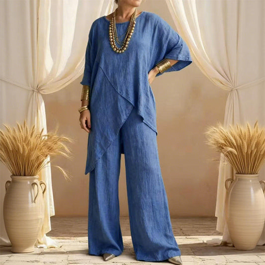 ⏳Time-Limited Special⏰Women's Two-Piece Loose Fit Outfit – Asymmetrical Top + Wide-Leg Pants, Lightweight & Wrinkle-Resistant 🌸🌿