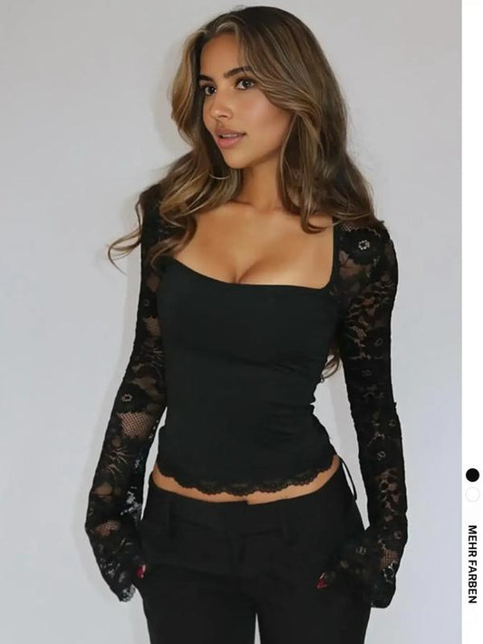 ⏳Time-Limited Special⏰Women's Solid Color T-Shirt with Floral Lace, Split Ruffles and Sheer Sleeves