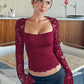 ⏳Time-Limited Special⏰Women's Solid Color T-Shirt with Floral Lace, Split Ruffles and Sheer Sleeves