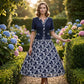 ⏳Time-Limited Special⏰Elegant Floral Print A-Line Dress – Faux Two-Piece Look, Navy & White, Wrinkle-Resistant (S–5XL) 👗💙