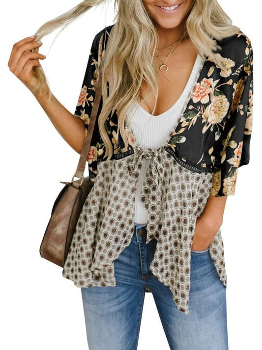 ⏳Time-Limited Special⏰Women's Floral Kimono Ruffle Sleeve Tie Cardigans Flowy Boho Loose Cover Ups