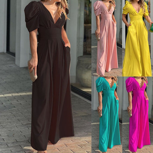 ⏳Time-Limited Special⏰Women's Deep V-Neck Wide Leg Jumpsuit – High Waist, Flowy Style & Soft Fabric ✨