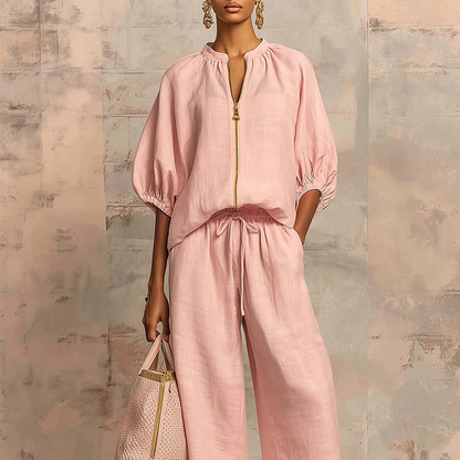 ⏳Time-Limited Special⏰Women's Solid Color 2-Piece Tracksuit – Puff Sleeve, Wide Leg, Zipper Detail ✨