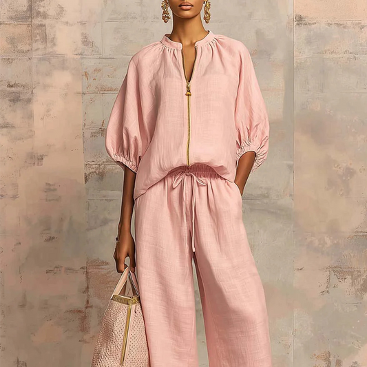 ⏳Time-Limited Special⏰Women's Solid Color 2-Piece Tracksuit – Puff Sleeve, Wide Leg, Zipper Detail ✨
