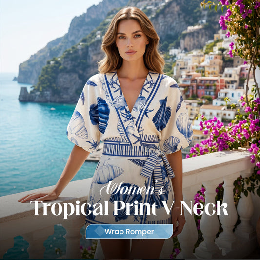 ⏳Time-Limited Special⏰Women's Tropical Print V-Neck Wrap Romper