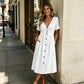 ⏳Time-Limited Special⏰Women's Summer V-Neck Button-Down Dress – Empire Waist, Side Pockets, Breathable 🌸