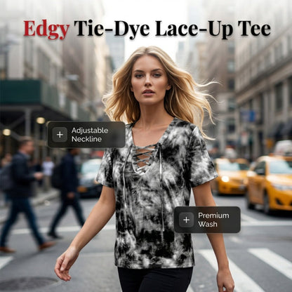 ⏳Time-Limited Special⏰Women's Tie-Dye T-Shirt – Lace-Up V-Neck, Soft Breathable Blend & Relaxed Fit – Summer Essential ✨