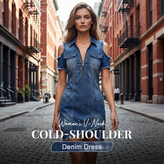 ⏳Time-Limited Special⏰Women's Cold-Shoulder Denim Dress – V-Neck, Flowy, Boho 🌼
