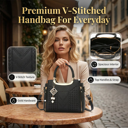 ⏳Time-Limited Special⏰Women's V-Stitched Satchel – Gold Hardware, Multi-Compartment, Top-Handle 🌸
