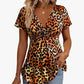 ⏳Time-Limited Special⏰Women’s Leopard Twist-Front Top – V-Neck, Peplum Hem, Bold Print 💃