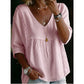 ⏳Time-Limited Special⏰Women’s Lace-Trim V-Neck Top – Bohemian Charm, Empire Waist, 3/4 Sleeves 🌼