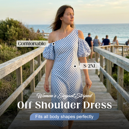 ⏳Time-Limited Special⏰Women's Striped Off Shoulder Dress – Elegant, Flowy, Summer Chic 🌊
