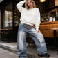 ⏳Time-Limited Special⏰Women's Asymmetrical Waist Wide-Leg Denim Jeans – Deconstructed, Distressed Wash, 3D Cut ✨