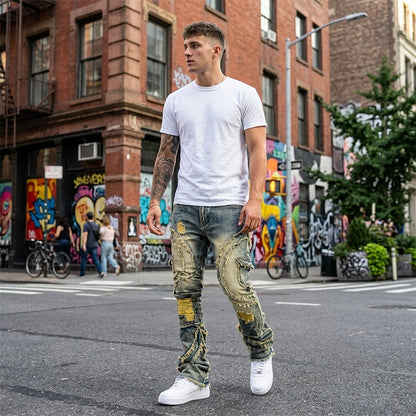 ⏳Time-Limited Special⏰Men's Deconstructed Frayed Flare Jeans – Heavy Distressing, Vintage Wash, Patchwork Details ✨
