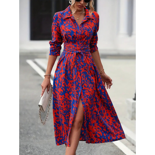 ⏳Time-Limited Special⏰Multi-Color Printed Shirt Dress – Waist Belt, Slit Hem, All-Day Comfort 🌸