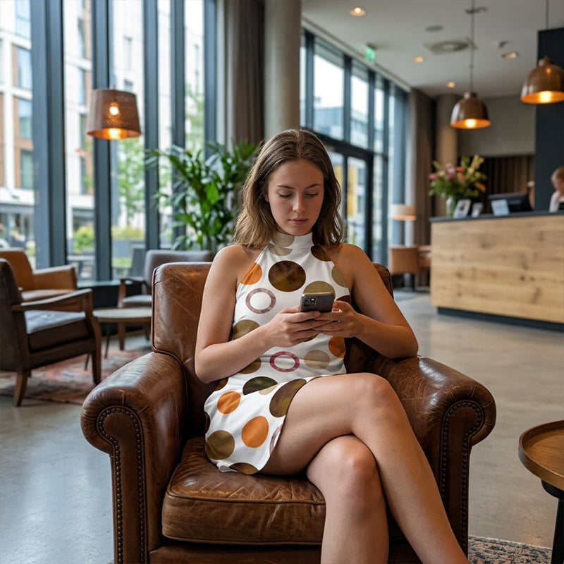 Polka dot dress in a relaxed indoor setting