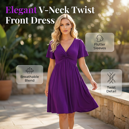 ⏳Time-Limited Special⏰Elegant V-Neck Twist Front Midi Dress with Pockets — Flattering Silhouette, Effortless All-Day Style