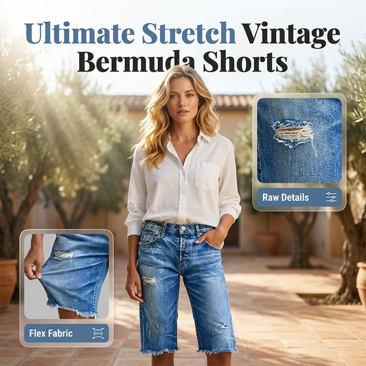 ⏳Time-Limited Special⏰Women's Casual Distressed Denim Bermuda Shorts – 4-Way Stretch, Raw Hem, Vintage Vibes 🌿