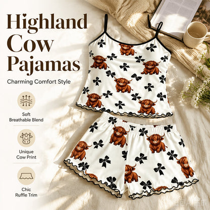 ⏳Time-Limited Special⏰Summer Sleeveless Spaghetti Strap Cami Sleepwear Set – Highland Cow Print & Ruffle Trim 🐄