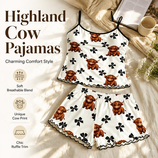 ⏳Time-Limited Special⏰Summer Sleeveless Spaghetti Strap Cami Sleepwear Set – Highland Cow Print & Ruffle Trim 🐄
