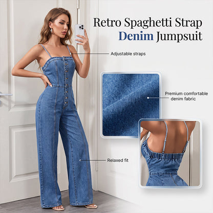 ⏳Time-Limited Special⏰Women Spaghetti Strap Wide Leg Denim Jumpsuit
