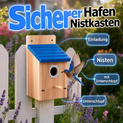 ⏳Time-Limited Special⏰Weatherproof Wooden Outdoor Bird House – Solid Thickened Natural Timber with Sky Blue Slanted Roof, Predator-Safe Metal Reinforced Entry Guard & Round Resting Perch – 15×15×22cm for Bluebirds Wrens Finches & Songbirds 🏡