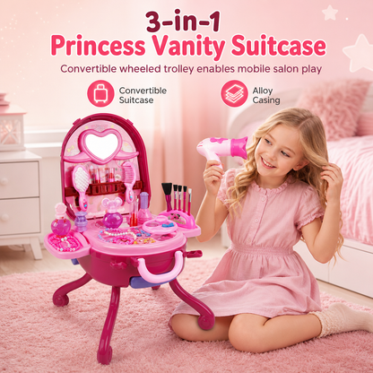 ⏳Time-Limited Special⏰Kids’ 3‑in‑1 Pretend Makeup Vanity Suitcase – Rolling Trolley Salon, 31 Toy Accessories, Easy Snap Setup 🧳