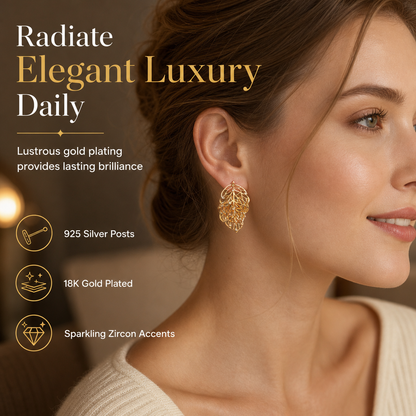 ⏳Time-Limited Special⏰18K Gold-Plated Double Leaf Earrings – Sparkling CZ, Two-Way Wear Design