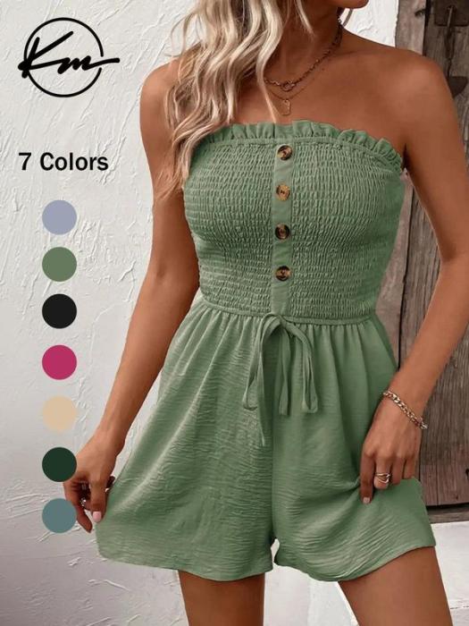 ⏳Time-limited Special⏰Women's Strapless Frill Trim Shirred Tie Front Wide Leg Tube Romper
