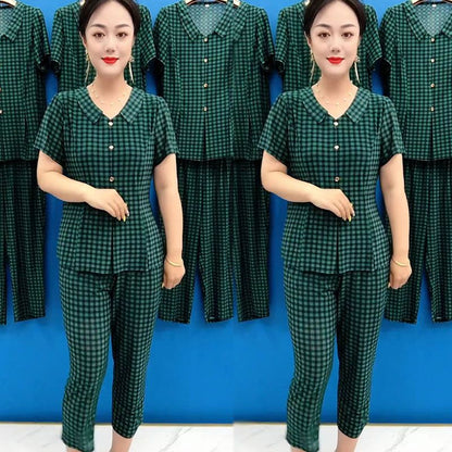 💐Women's Cooling Plaid Top & Pants 2-Piece Set